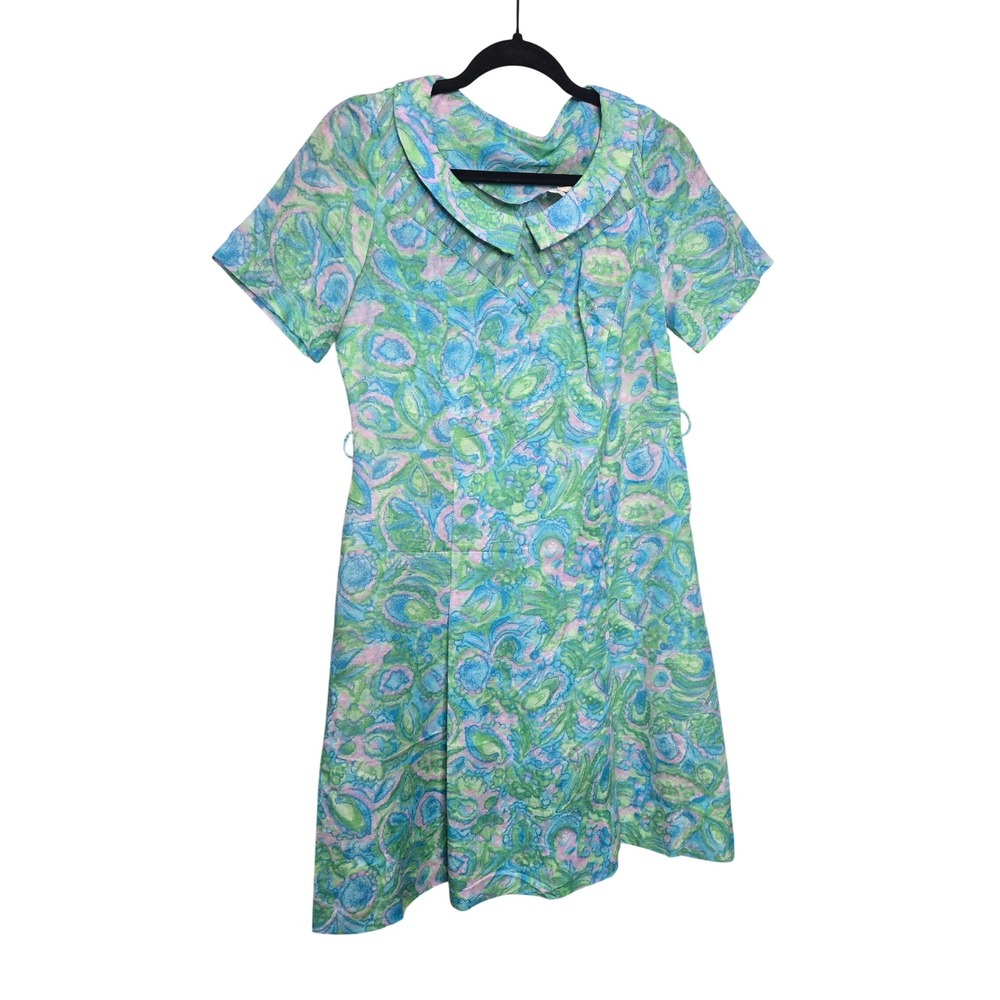 Vintage 60s 70s Shift Dress Womens L Blue Green Psychedelic Paisley ILGWU Union